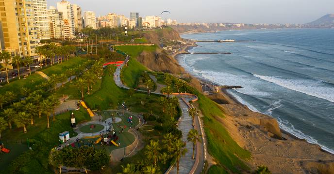 View of Lima's coast with skyscrapers and the beach