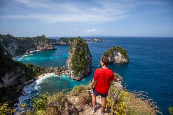 View of green landscapes and blue sea in Bali