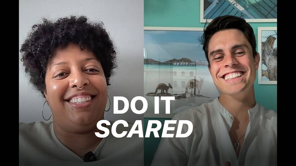 Sue Almonte and host Raffaele Murgia smiling during the Adventure Together Podcast recording, with the words Do It Scared