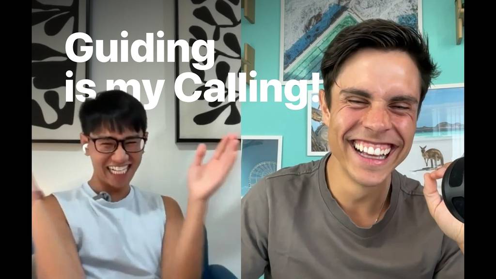 Orty Flores and host Raffaele Murgia laughing during the Adventure Together Podcast recording, with the words Guiding is my Calling