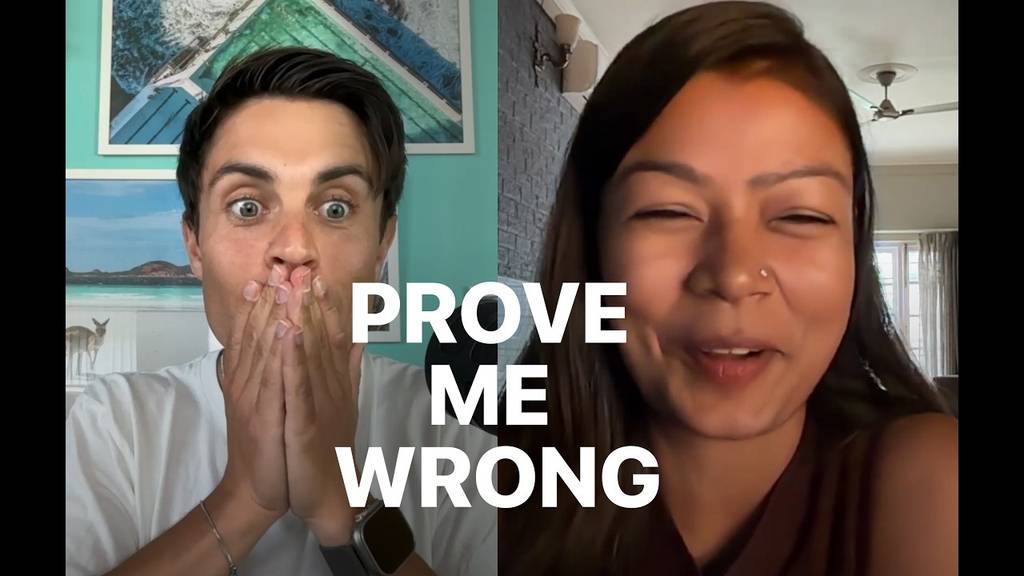Host Raffaele Murgia covering his mouth in surprise next to Ankita Jaiswal, with the words Prove Me Wrong