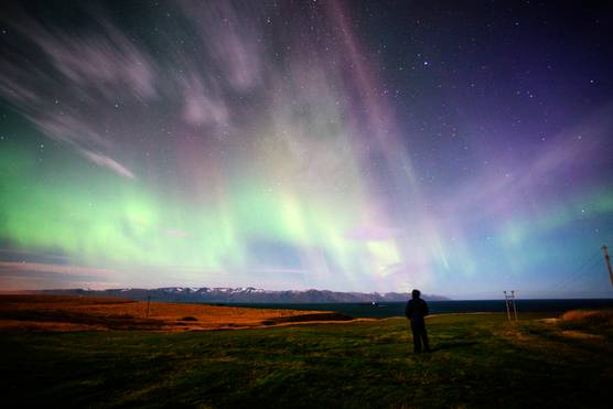 Person marveling at the Northern Lights on a tour in Iceland