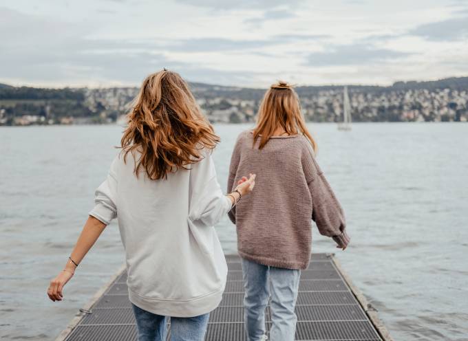 Two women on a dock, Lake Zurich