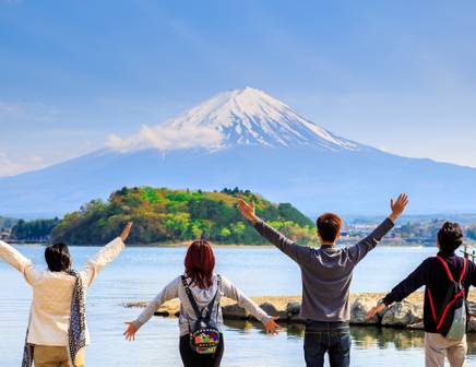 Friends enjoying the view of Mt Fuji, Japan