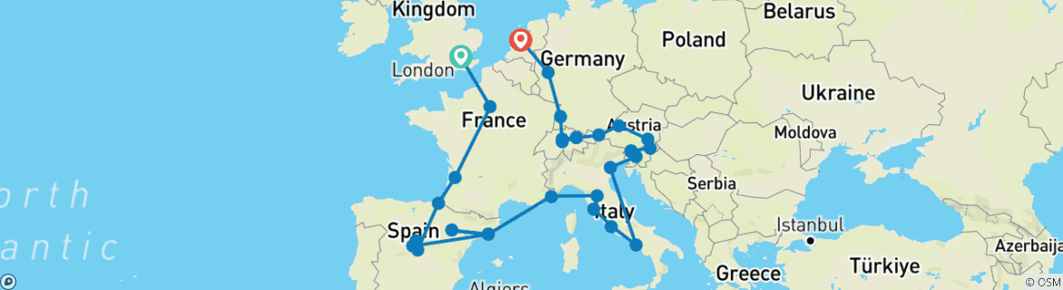 Image of a map showing the route of the tour