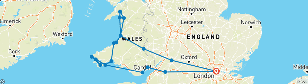 Image of a map showing the route of the tour