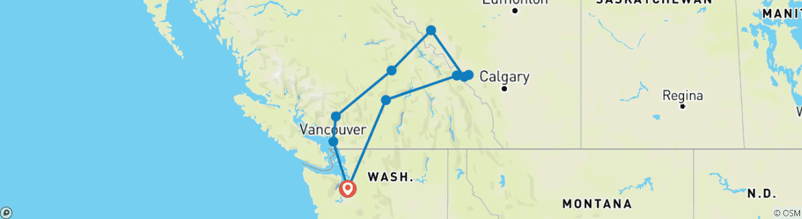 Carte du circuit Circuit de camping dans les parcs nationaux des Rocheuses canadiennes en petits groupes 7 jours