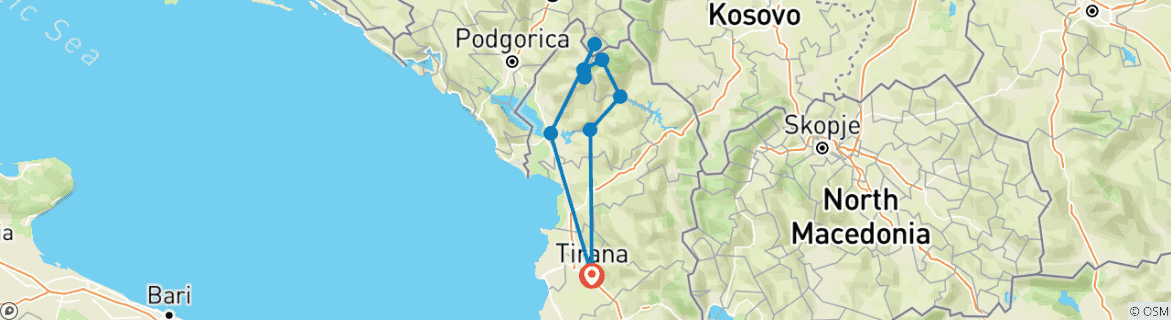 Mapa de Circuito de senderismo: Albania y Montenegro