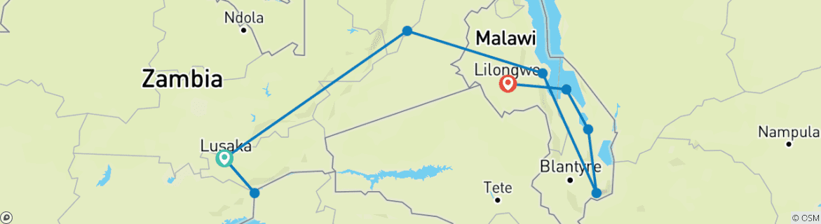 Image of a map showing the route of the tour