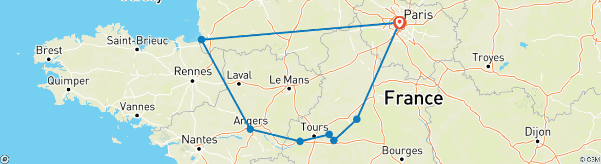 Map of 2 Day Guided Trip to Mont Saint-Michel, Loire Valley Chateaux from Paris (ML2)