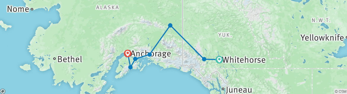 Map of Northern Coast Mountains: Sightseeing Tour from Whitehorse to Anchorage