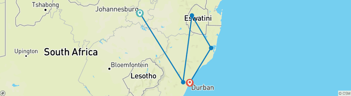 Map of Wild Kingdoms Safari (from Johannesburg to Durban)