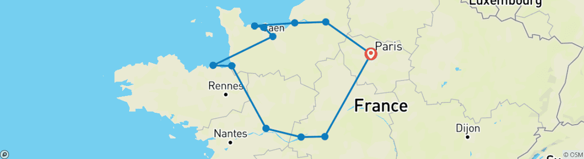 Mapa de 3 días en Normandía: playas del día D, Monte Saint-Michel y castillos del Loira desde París