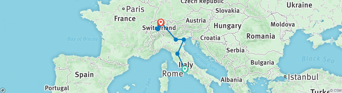 Map of Classical Italy and Switzerland (11 destinations)