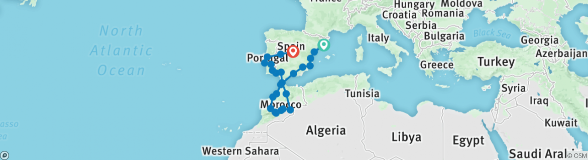 Map of Spain, Morocco and Portugal (25 destinations)