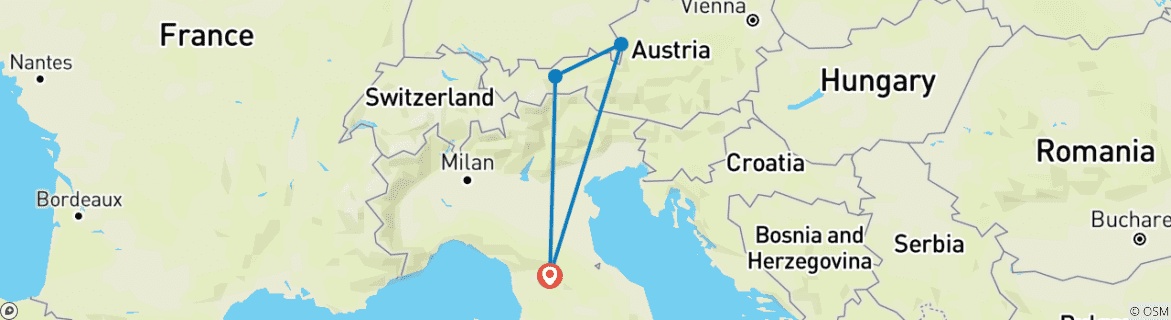 Image of a map showing the route of the tour