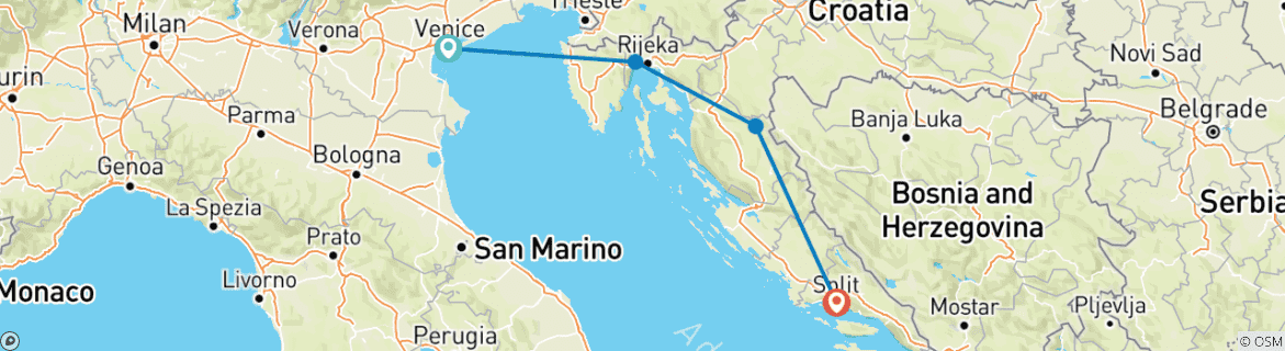 Map of Venice to Split Express - 4 days 3 nights