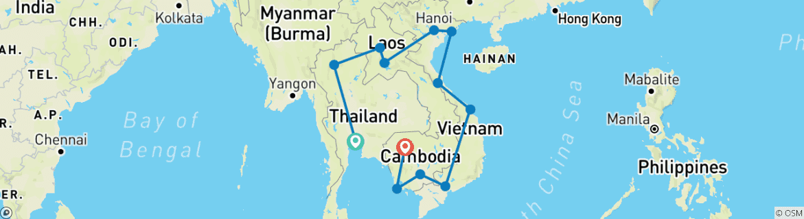 Carte du circuit Aventure de 31 jours en Asie du Sud-Est : Thaïlande, Laos, Vietnam et Cambodge