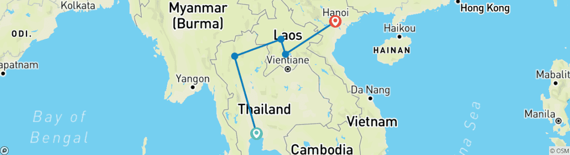 Carte du circuit 14 jours entre la Thaïlande et le Laos : Bangkok, Chiang Mai, Luang Prabang et Hanoi