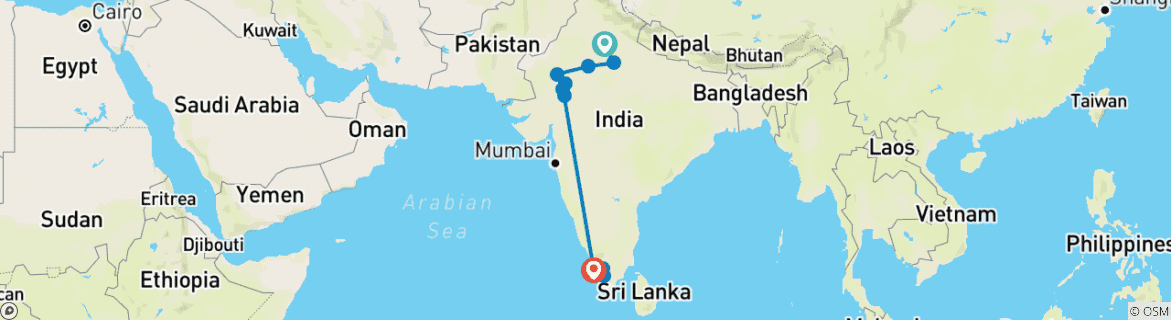 Image of a map showing the route of the tour