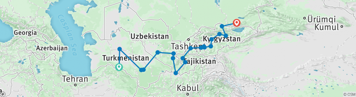 Image of a map showing the route of the tour