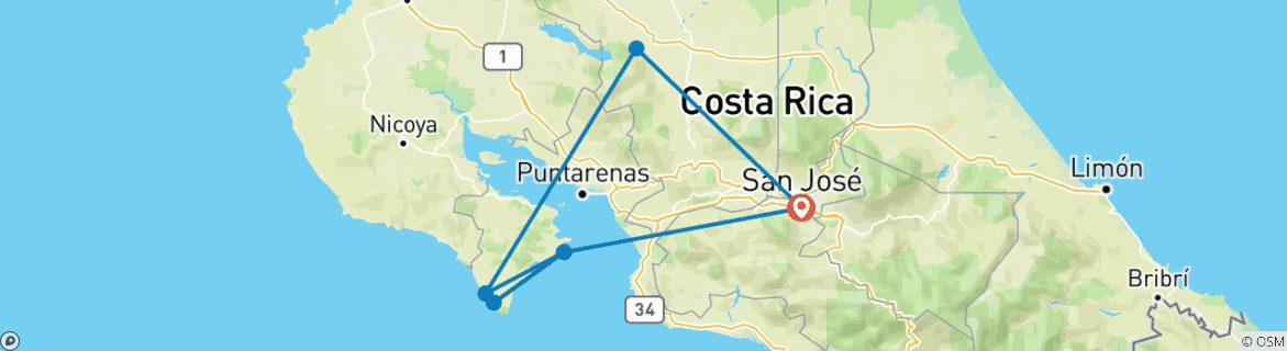Image of a map showing the route of the tour