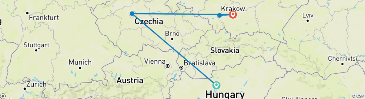 Carte du circuit Le meilleur de l'Est - Budapest, Prague, Cracovie
