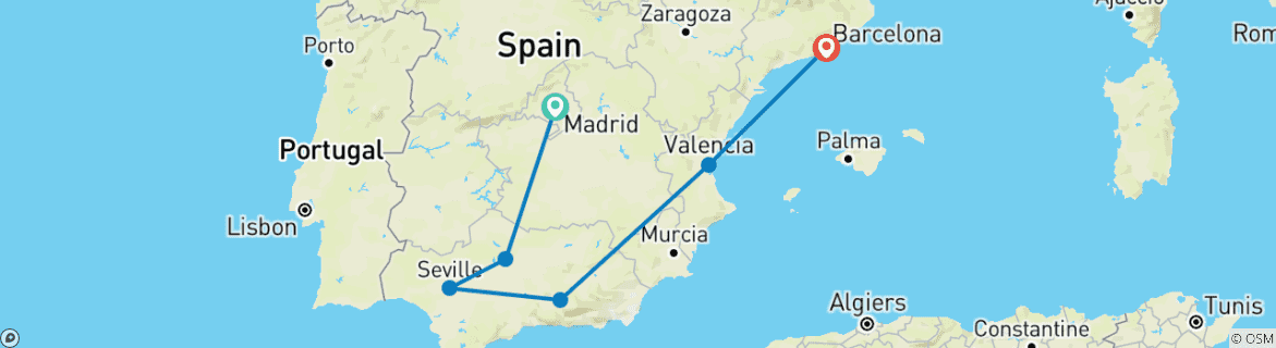 Karte von Von Madrid nach Barcelona durch Andalusien und entlang der Mittelmeerküste 9 Tage