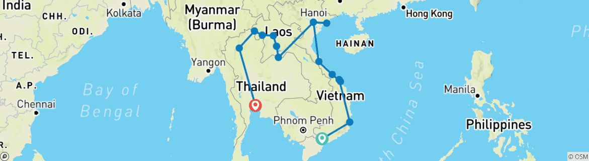 Kaart van Vietnam, Laos & Thailand – baaien & boottochten