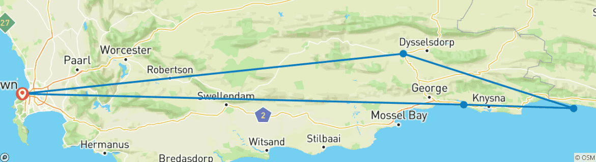 Carte du circuit 3 jours Route des jardins - Safari Big 5 et Bungy (aller-retour)