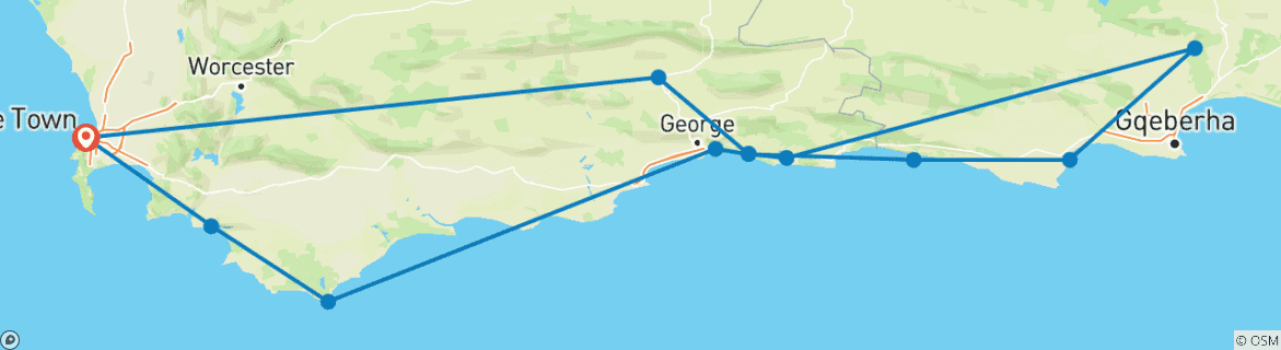 Image of a map showing the route of the tour