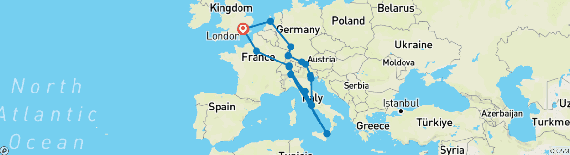 Image of a map showing the route of the tour