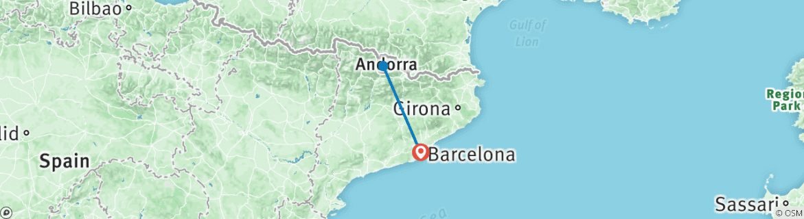 Map of Barcelona and Andorra Combo - City and Snow Package (4 nights)