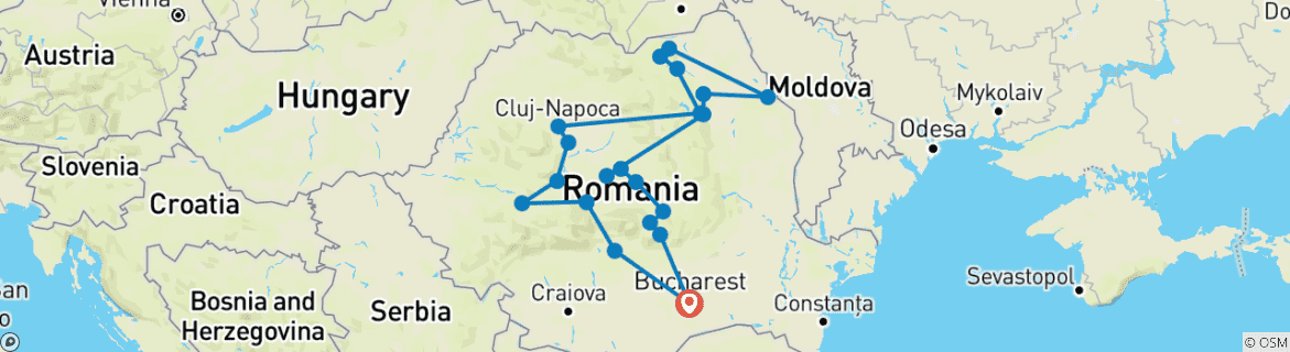 Image of a map showing the route of the tour