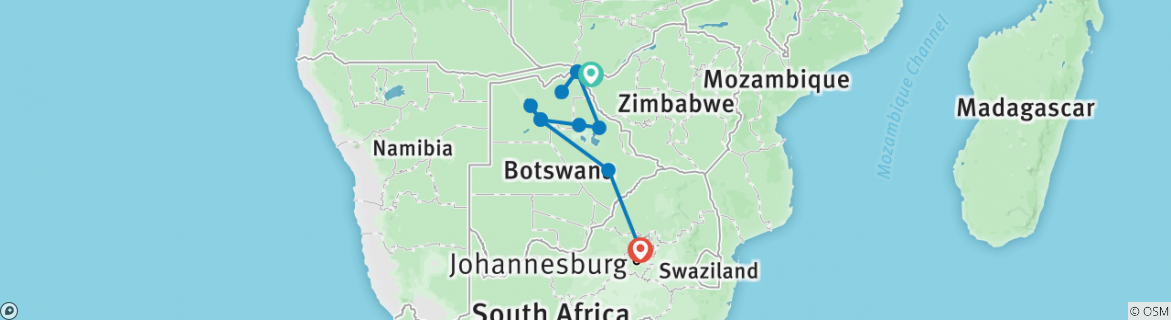 Map of 9-day Victoria Falls & Okavango Wilderness Trail (Accommodated)