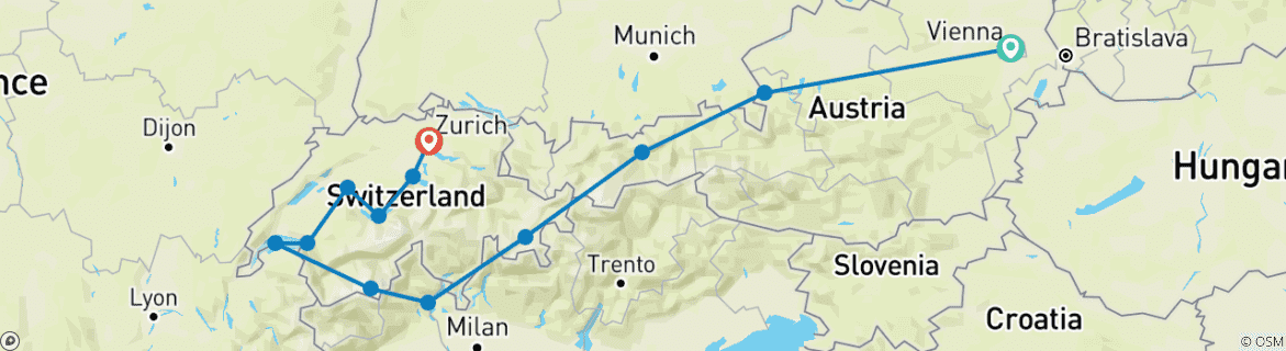 Carte du circuit Suisse et Autriche (à partir de 2025, 13 jours) (12 destinations)