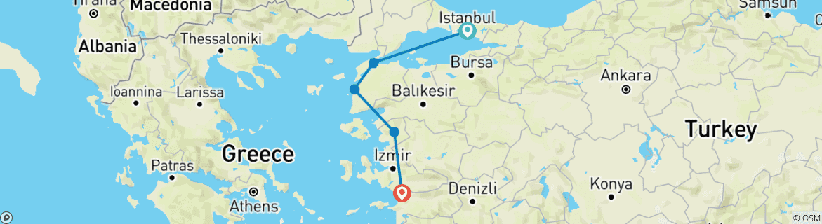 Karte von Istanbul nach Kusadasi über Troy, Gallipoli & Ephesus - 3 Tage