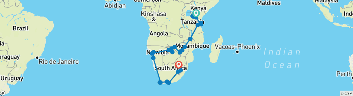 Image of a map showing the route of the tour