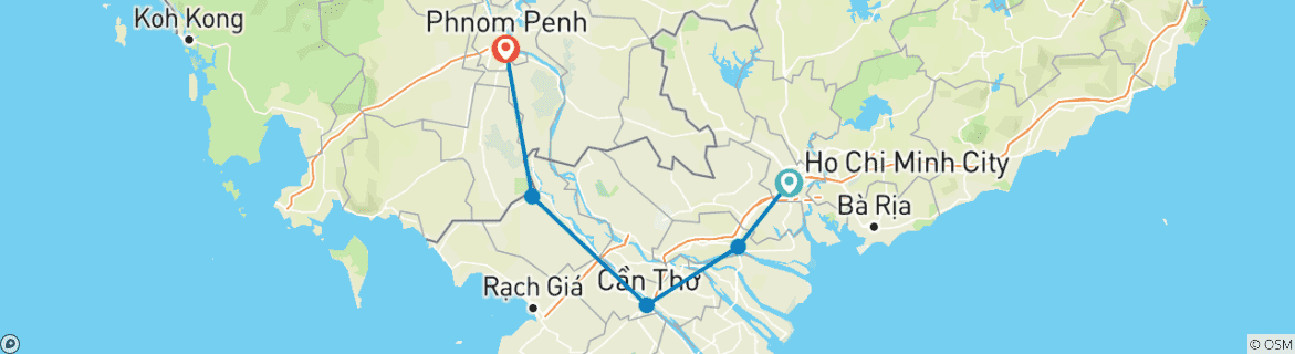 Map of Mekong Delta from Saigon to Phnom Penh 3 days