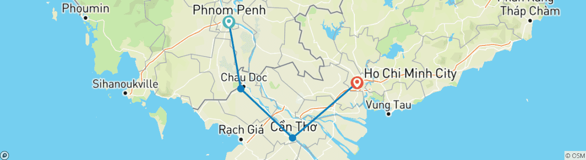 Map of 3-Day Mekong Delta River Tour from Phnom Penh to Ho Chi Minh City