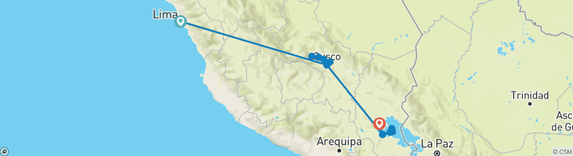 Map of 10 Day Andean Highlights "Machu Picchu & Puno" with Local Flights