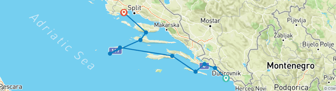 Image of a map showing the route of the tour