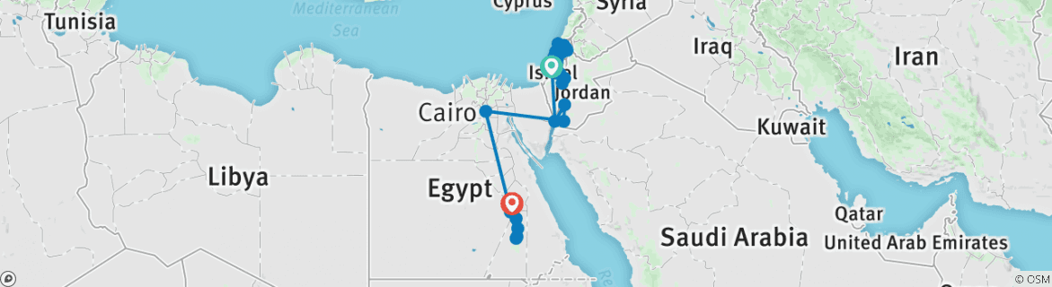 Map of Israel, Jordan and Egypt with Nile Cruise 14 days