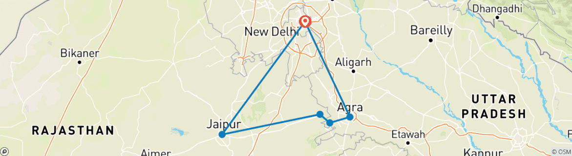 Map of Golden Triangle Tour with Bharatpur Bird Sanctuary