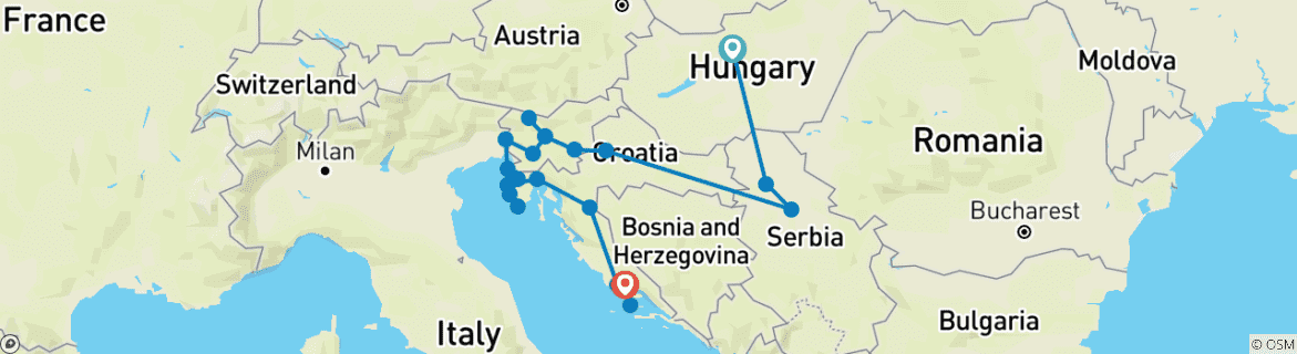 Image of a map showing the route of the tour