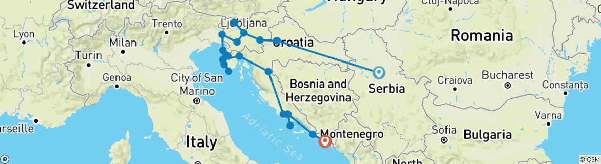 Carte du circuit Balkans étendus - De Belgrade à Dubrovnik
