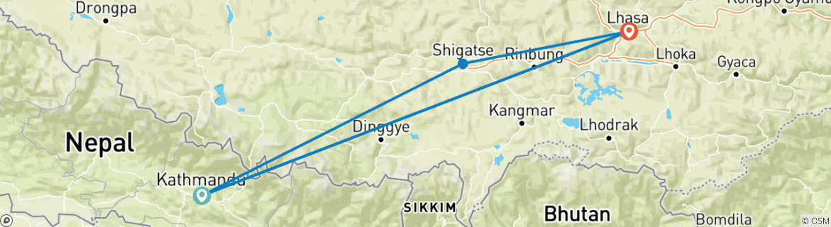 Map of Tibet Lhasa tour with Everest Base Camp Hike-8 Days