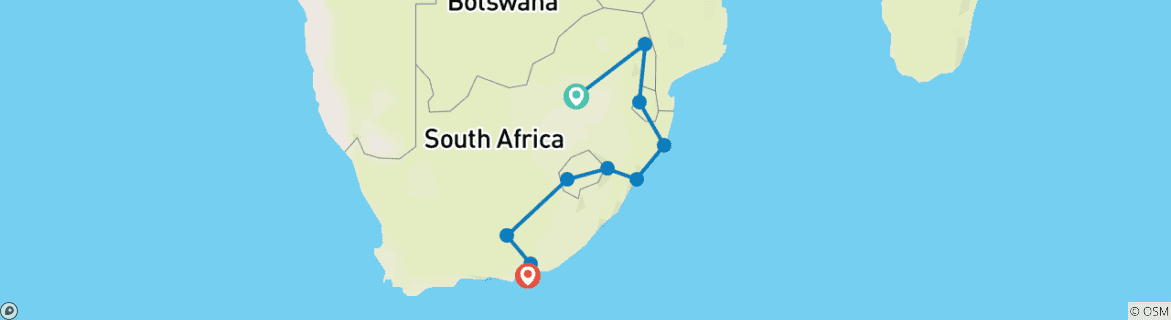 Mapa de Safari Kruger, Eswatini y Lesoto 14D/13N