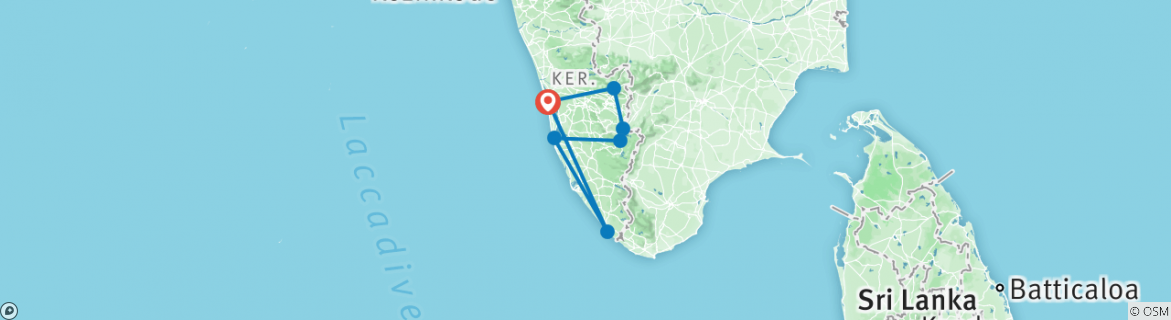 Map of Highlights of Southern India - Kerala with Houseboat Stay