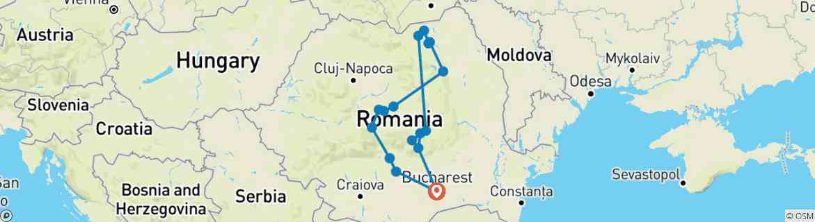 Mapa de Viaje de ida y vuelta a Rumanía totalmente guiado desde el aeropuerto de Bucarest